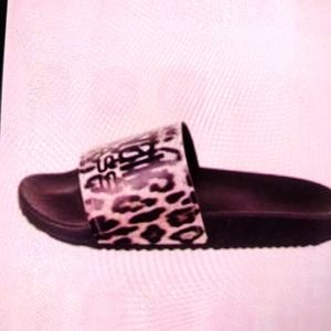 Roberto Cavalli Slide Sandal Sz 7 Women Black Cream Flat Leopard Print Open Toe